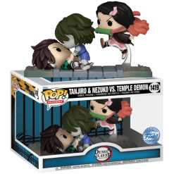 This image shows a Funko POP! "Tanjiro & Nezuko vs. Temple Demon (1419)" vinyl figure set based on the "Demon Slayer" anime series. The figures are displayed inside their packaging, which resembles a scene from the show with the two main characters engaged in combat with a demon.
