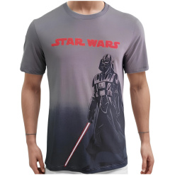 A person wearing a gray gradient Star Wars T-shirt with a graphic of Darth Vader holding a lightsaber.